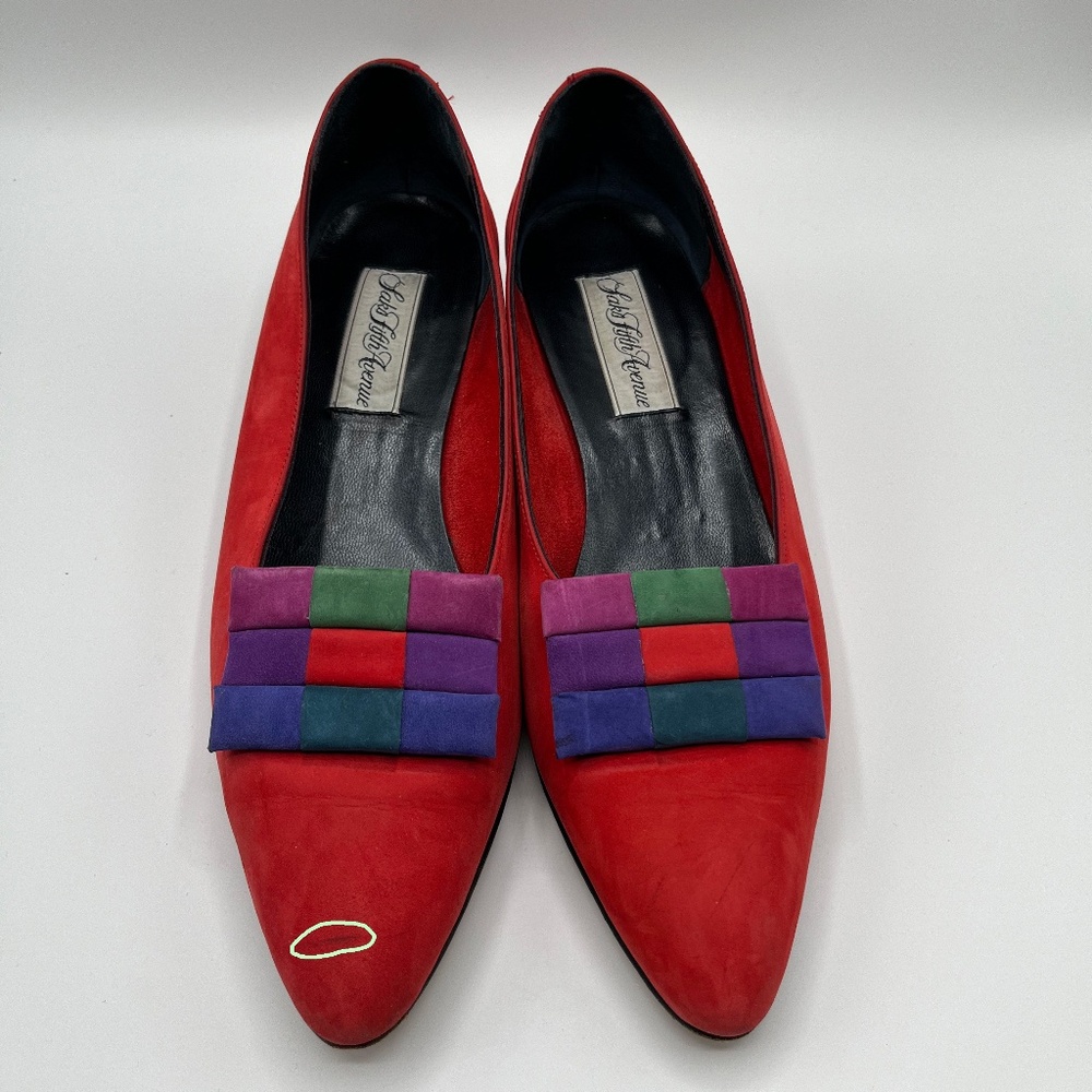 Saks Fish Avenue Red Suede Women's shoe with Multi-Colored Accent